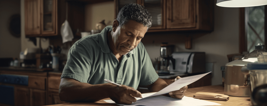 Man reading SSDI Denial Letter at Kitchen Table