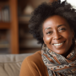 Woman dressed warm in her house smiling sitting on the couch